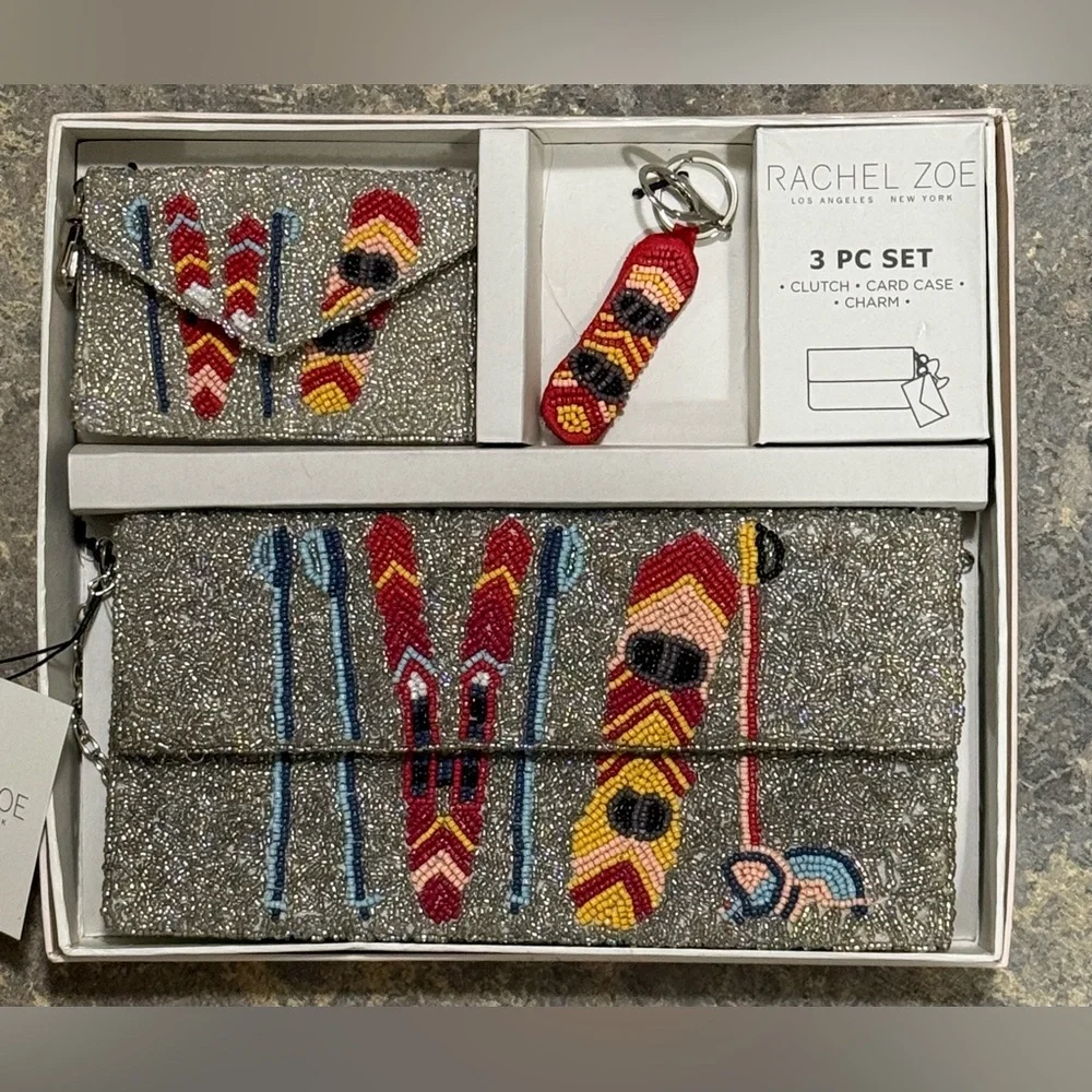 Rachel Zoe Beaded Clutch 3 Pc Set Clutch Card Case Charm “Let’s Go Skiing” NWT
